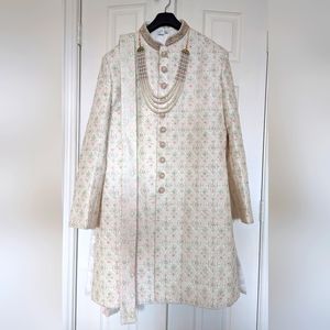 Wedding Sherwani Indian Groom Mint Pink Cream Mala Dupatta